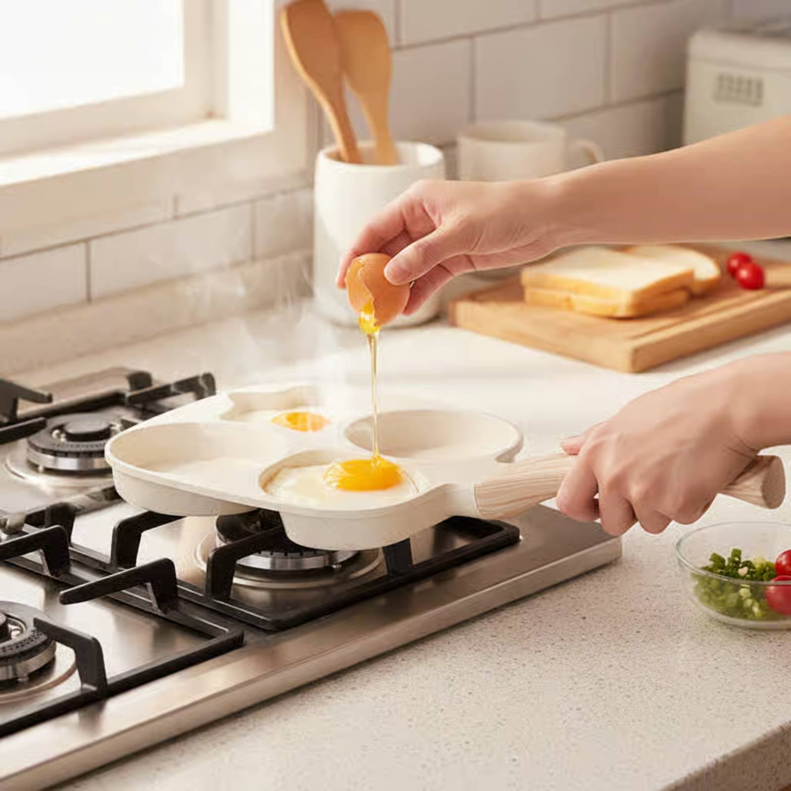Induction Cooker - กระทะอาหารเช้าแบบไม่ติดกระทะ ทนทาน 4 ช่อง แบ่งส่วนสำหรับทอดอาหารเช้า ให้ความร้อนเร็วและสม่ำเสมอ