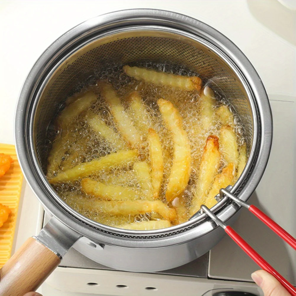 Induction Cooker - ชุดเครื่องครัวอเนกประสงค์สแตนเลสพร้อมตะกร้าทอดและฝาแก้ว - หม้อเคลือบกันติด 304 SUS, หม้อทอด,